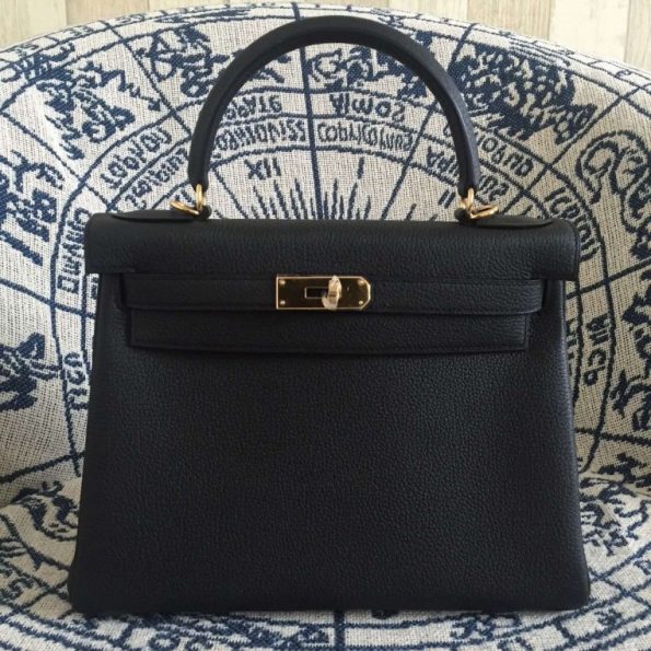 Hermes Kelly 28cm Bag Togo Leather Black Gold